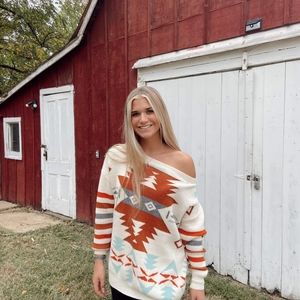 Fun oversized wide neck Aztec sweater by ANDTHEWHY Size M/L Cream and multicolor